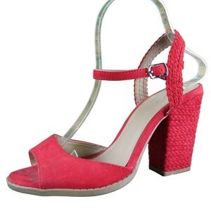 Qupid Lost Women Red Fabric Block Heel Sandals Size 7 Open-Toe Adjustable Strap